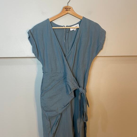 Rujuta Sheth Luna Wrap Jumpsuit Linen Blue SZ XS Classic Timeless Pockets Romper - Picture 4 of 9